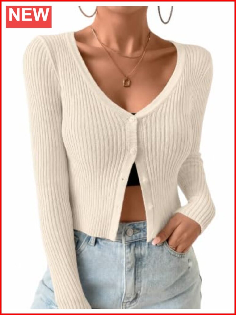 Ribbed Knit Cropped Cardigan Button Down V-Neck Long Sleeve Shrug